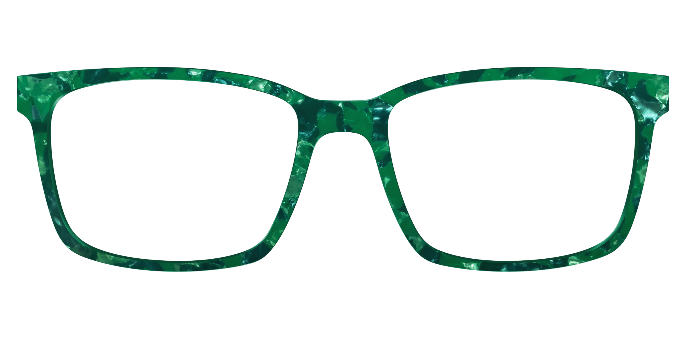 Green marbled eyeglass frames on a transparent background.