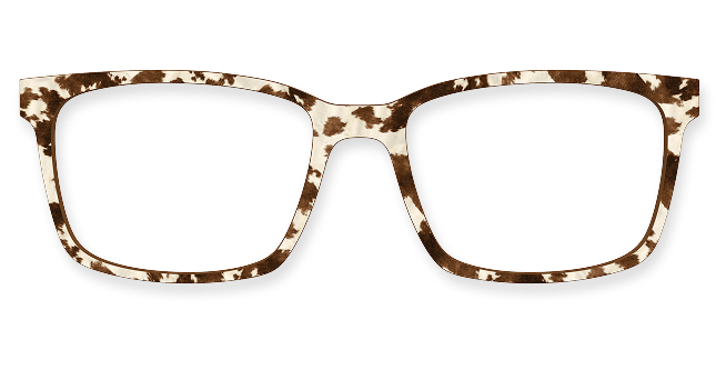 Brown and white tortoiseshell eyeglass frames on a transparent background.