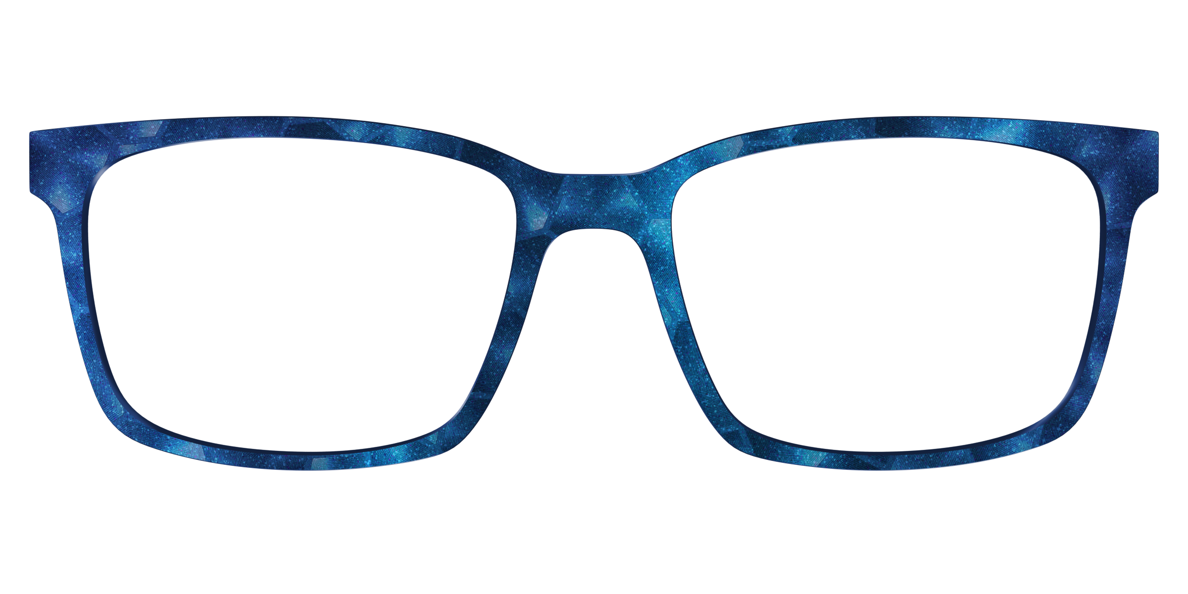 Blue eyeglass frame with a galaxy pattern on a transparent background.