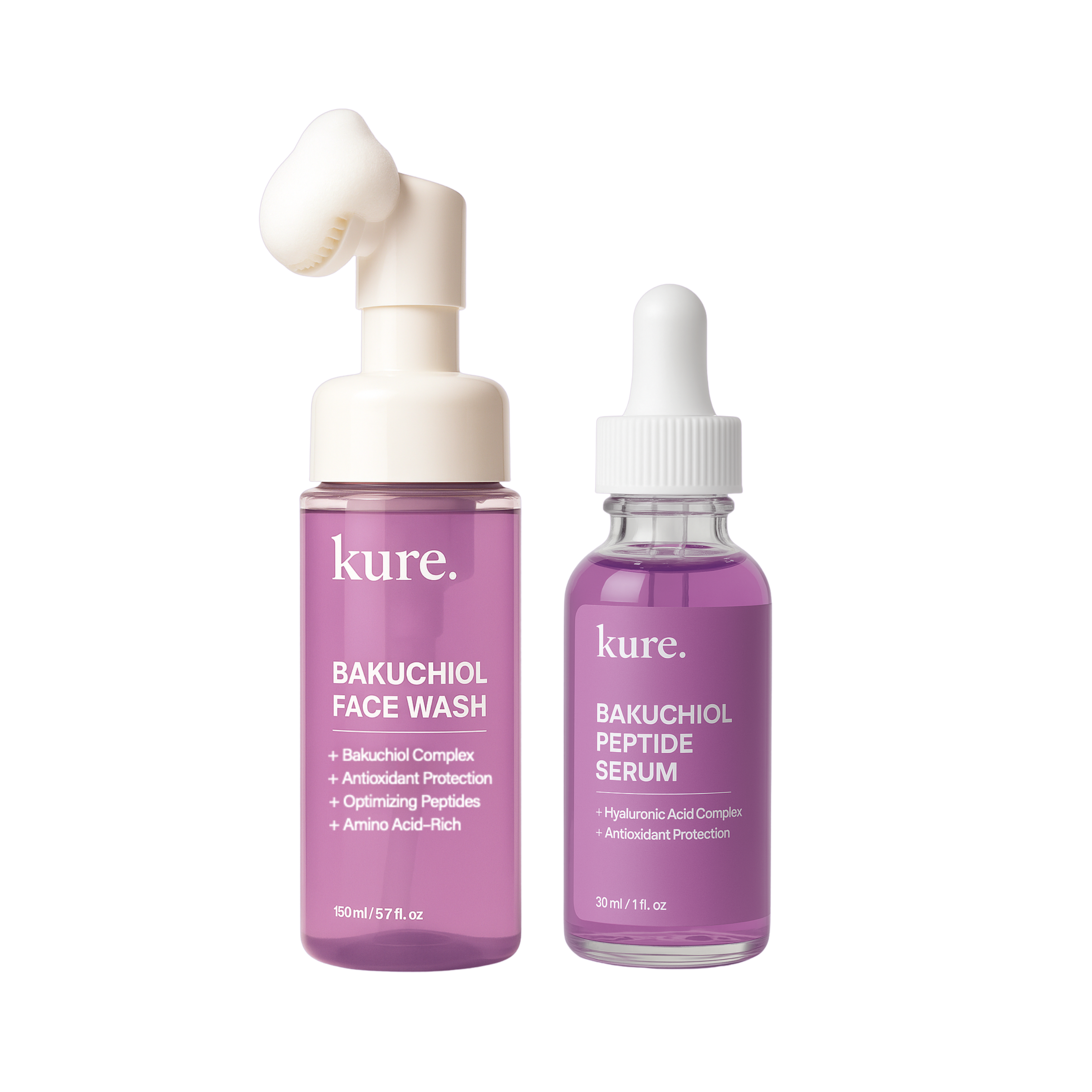 Two purple skincare bottles labeled 'Bakuchiol Face Wash' and 'Bakuchiol Peptide Serum' by kure.