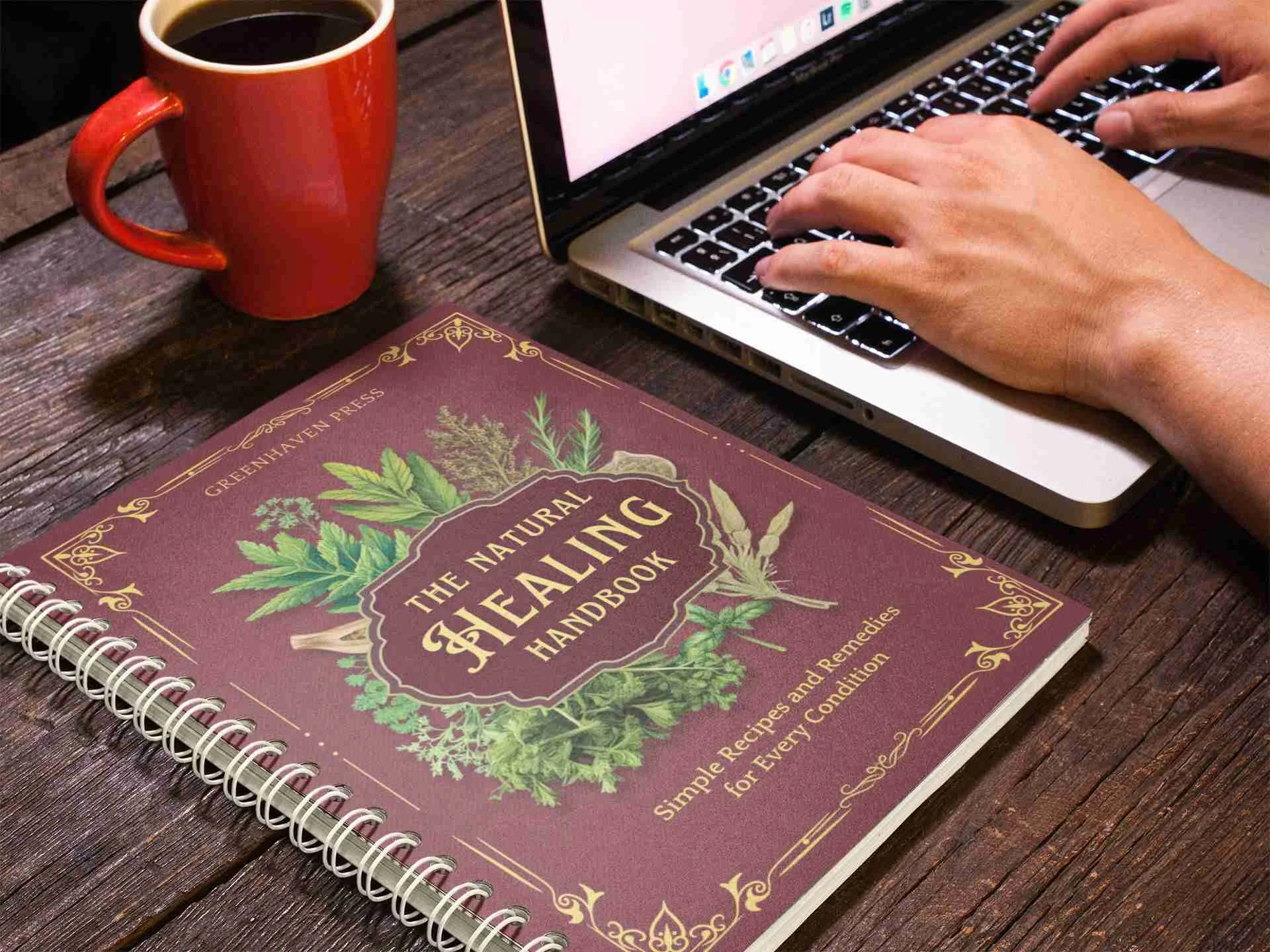Person typing on laptop beside a book and red coffee mug.