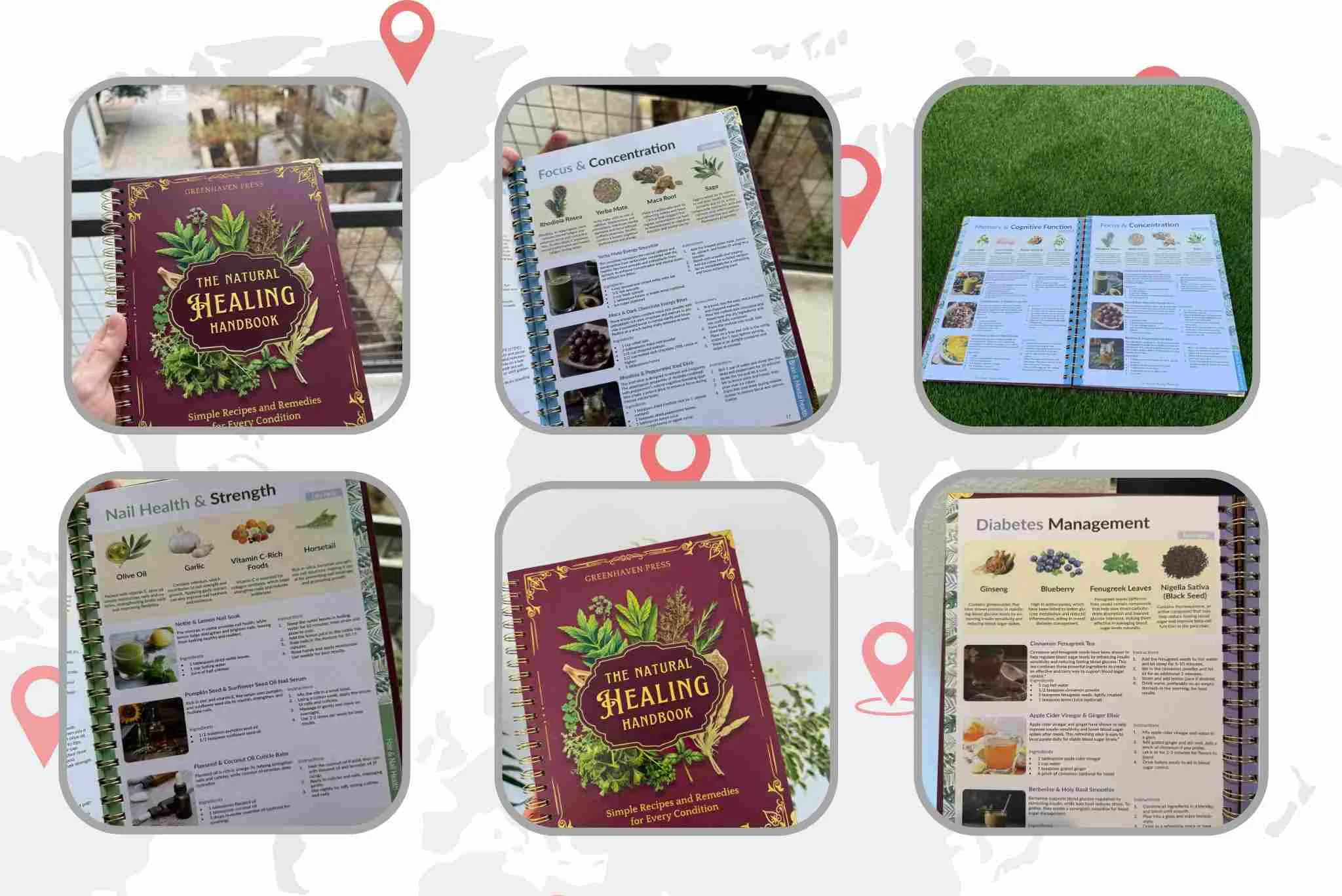 A collage of pages from 'The Natural Healing Handbook' showcasing health tips and herbal remedies.