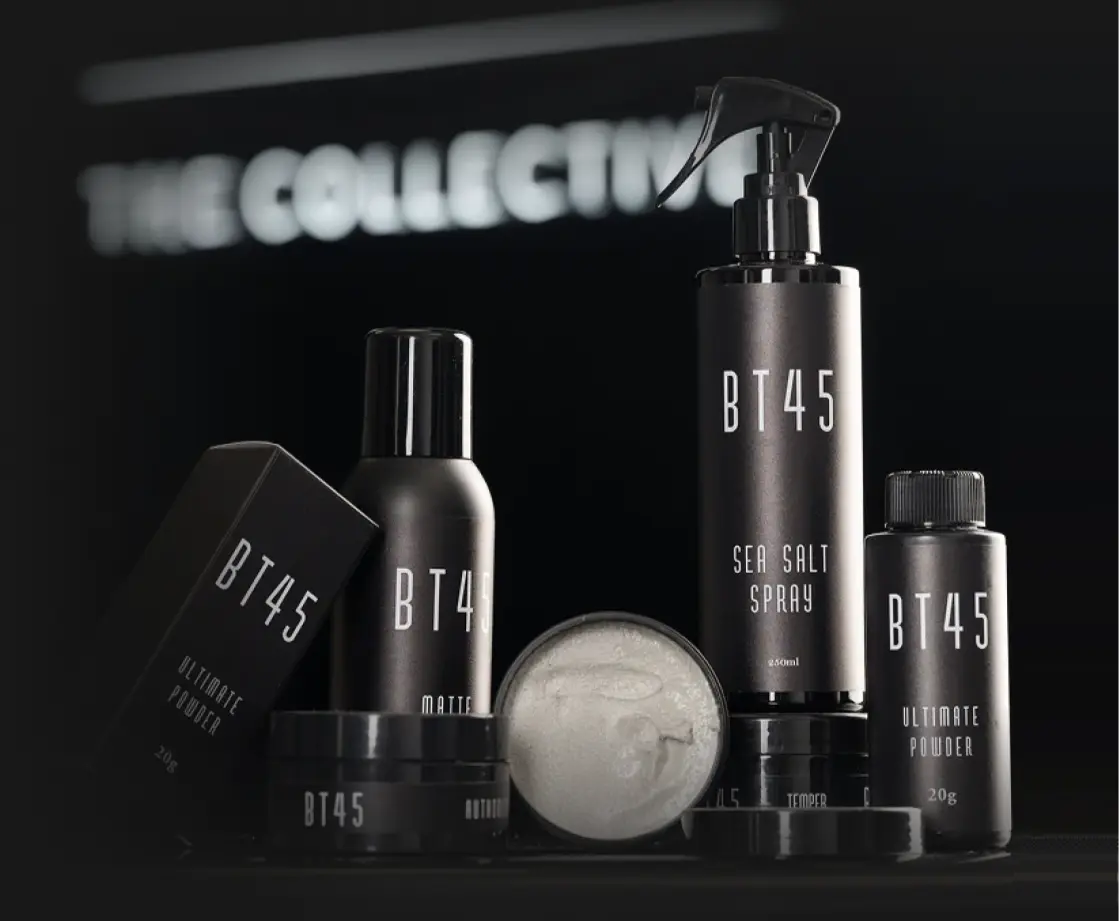 Black BT45 hair products displayed against a dark background.