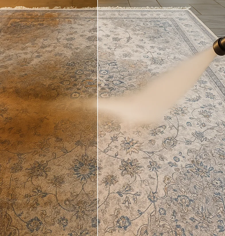 Half-cleaned carpet with vacuum showing before and after contrast.
