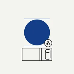 Abstract design with a blue circle, three dots, and rectangular shapes on a white background.
