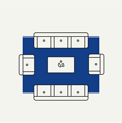 Illustration of a seating arrangement with six chairs around a table on a blue carpet.