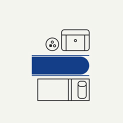 Minimalist geometric design with blue and black shapes on a light background.