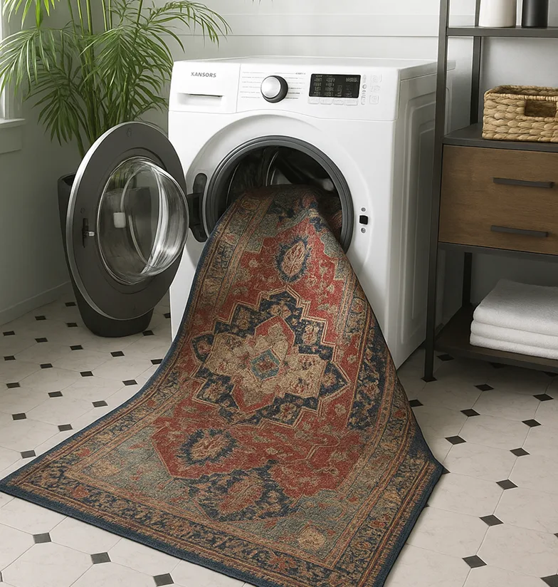 A rug partially inside a washing machine in a tiled room.