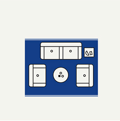 Illustration of a furniture layout with couches, a table, and a rug.
