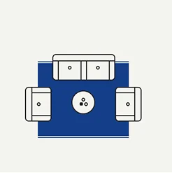 Illustration of furniture arrangement with sofa, chairs, table on a blue carpet.
