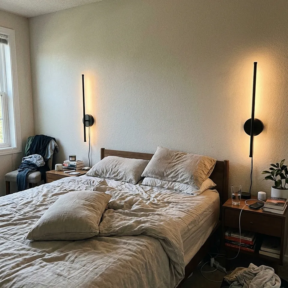 A bedroom with an unmade bed, wooden furniture, and two modern, black, vertical wall sconces.