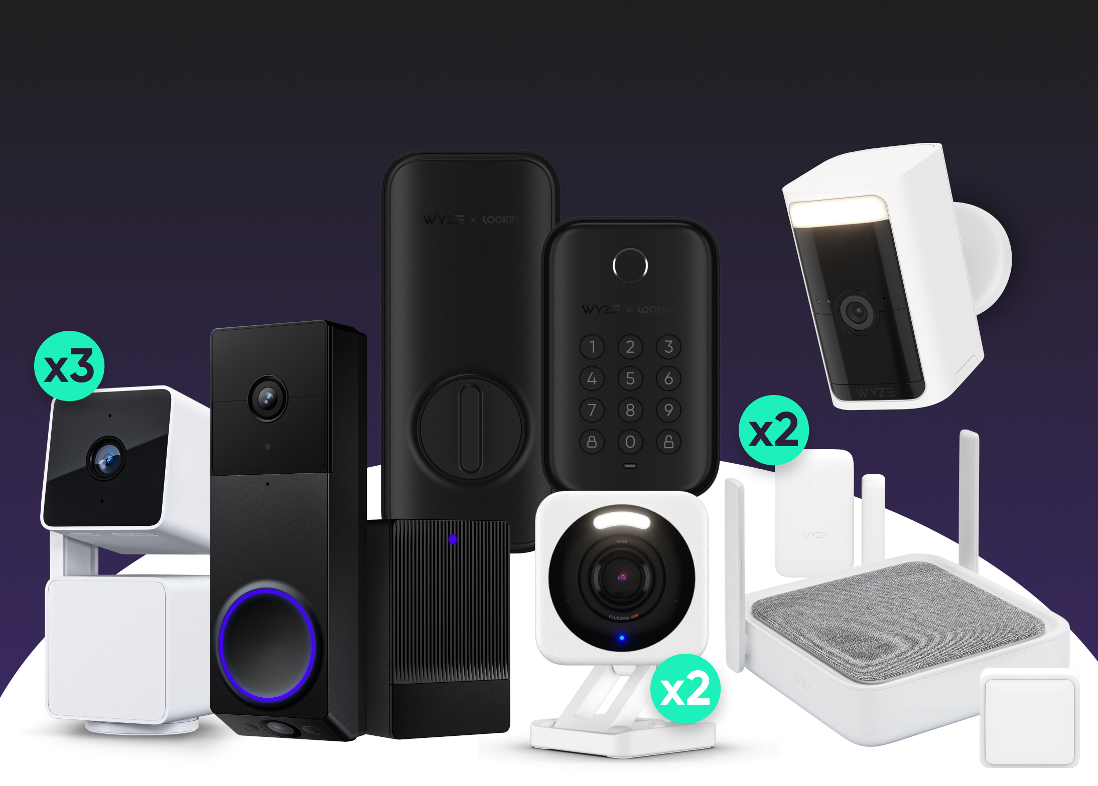 Assorted smart home devices including cameras, locks, and sensors on a dark background.