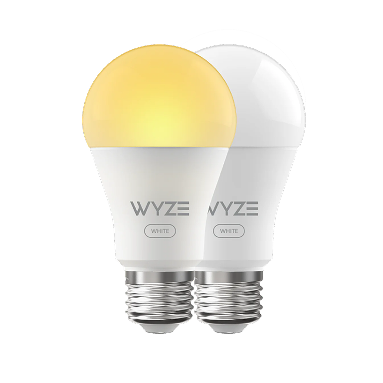 Two Wyze smart light bulbs, one lit yellow, one unlit.