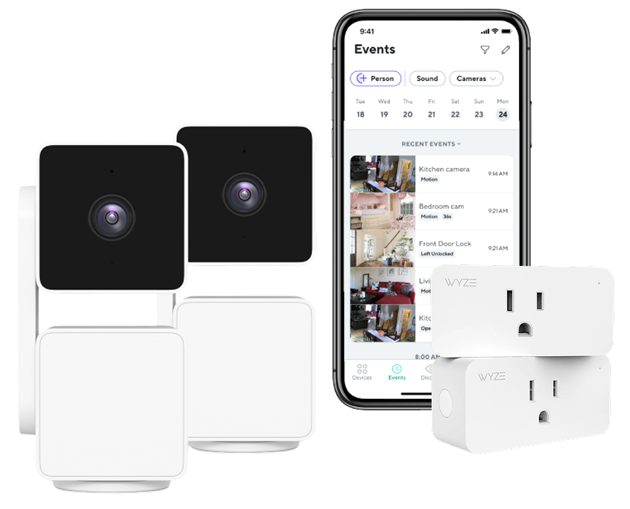 Smart home devices including cameras, smart plugs, and a smartphone displaying an events app.