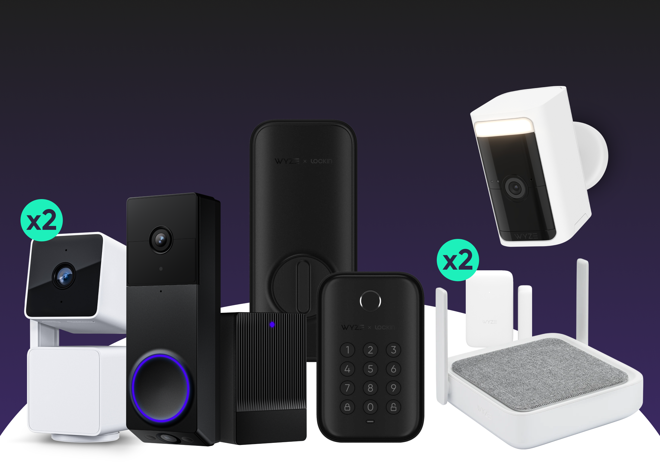 Assorted smart home devices including cameras, keypad, and sensors on a dark background.
