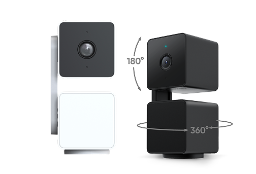 Two black and white security cameras with rotation angles shown.