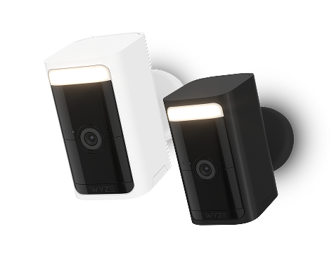 Two security cameras, one white and one black, with LED lights.