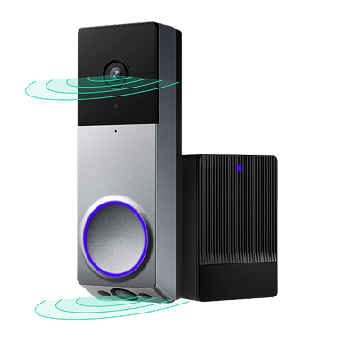 Smart video doorbell with camera and illuminated button, next to a black rectangular device.