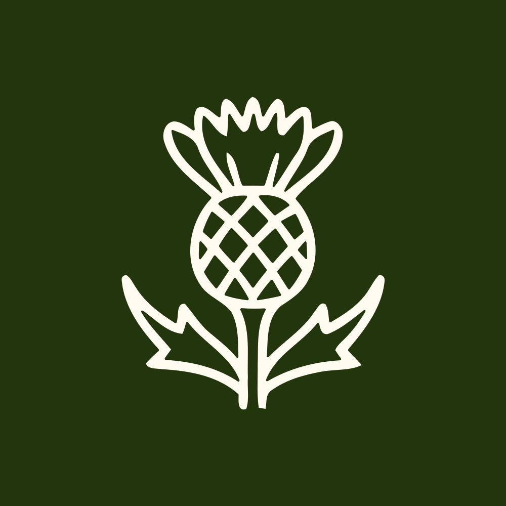 A stylized white line drawing of a thistle on a dark green background.