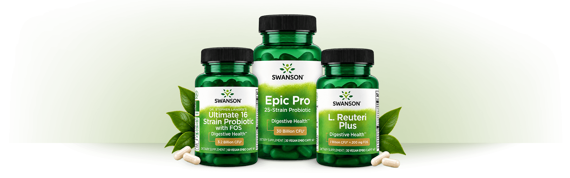 Three Swanson brand supplements for digestion support: Ultimate 16 Strain Probiotic with FOS, Epic Pro and L. Reuteri Plus.