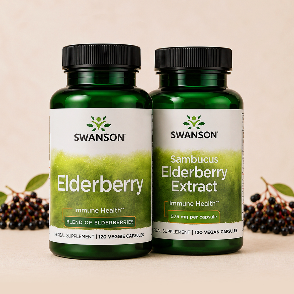 Two Swanson elderberry supplements, Elderberry and Sambucus Elderberry Extract, displayed on a beige background with elderberries.