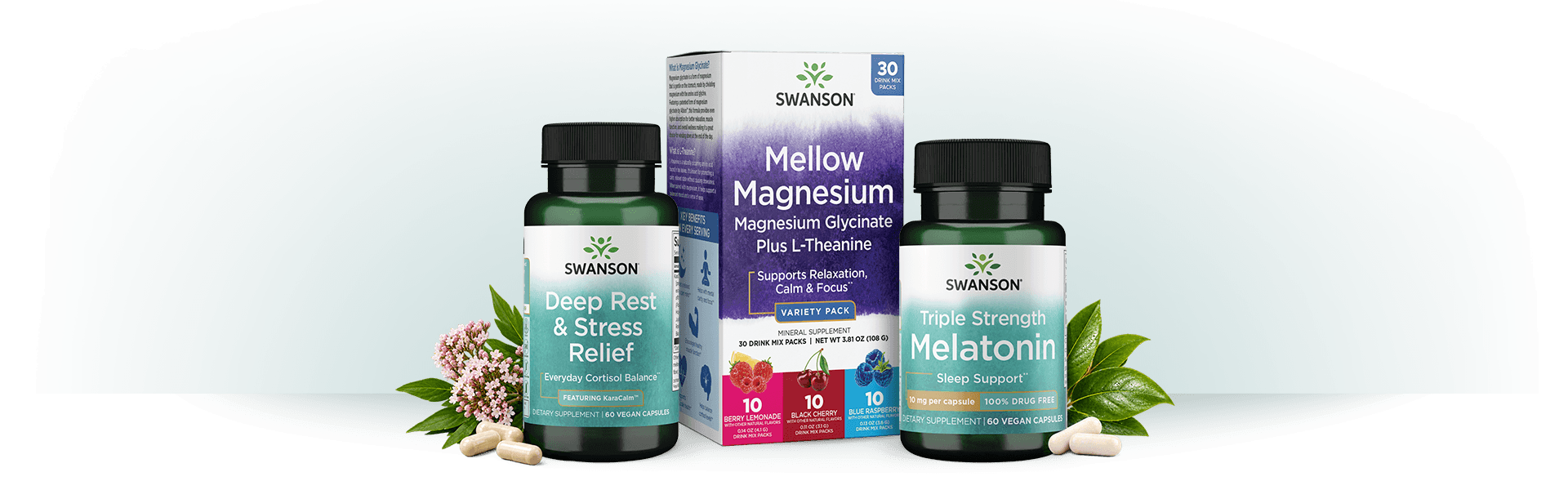 Three Swanson brand supplements for sleep and relaxation: Deep Rest, Mellow Magnesium, and Triple Strength Melatonin.