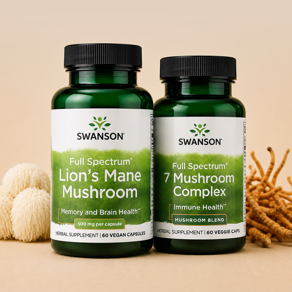 Two Swanson supplements, Lion’s Mane Mushroom and 7 Mushroom Complex, displayed on a beige background with assorted mushrooms.