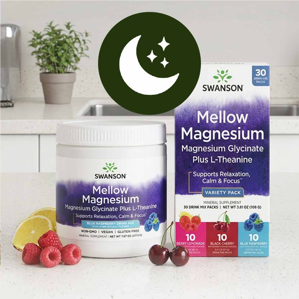 Swanson Mellow Magnesium powder and variety pack shown with raspberries, cherries and lemon. Moon Icon shown on top of the image.