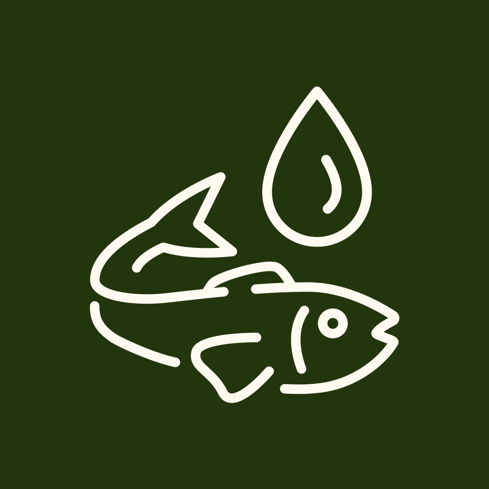 A white line icon of a fish with a droplet above it on a dark green background.