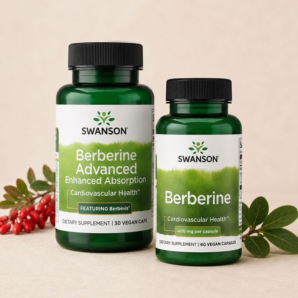 Two Swanson berberine supplement bottles, Berberine Advanced and Berberine 400 mg, displayed with red berries and green leaves.