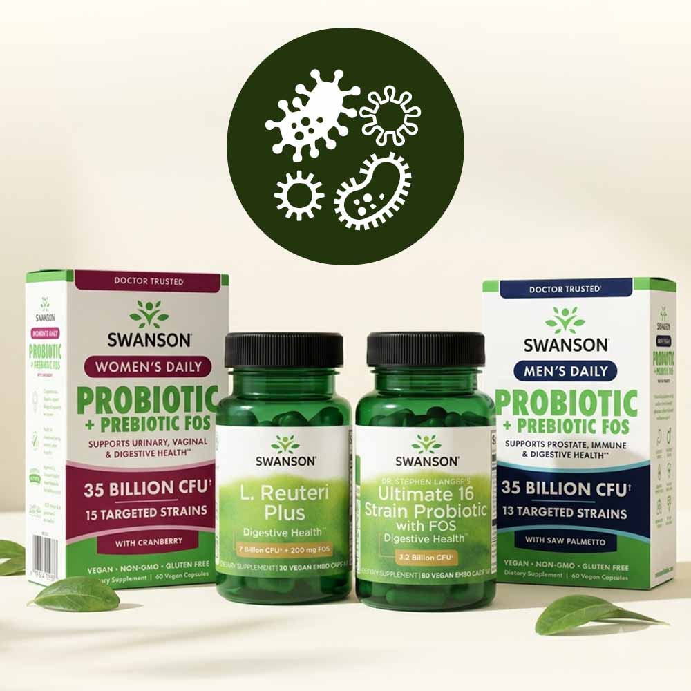 Swanson probiotic supplements for women’s, men’s and digestive health, featuring four probiotic products with a microorganism icon above.