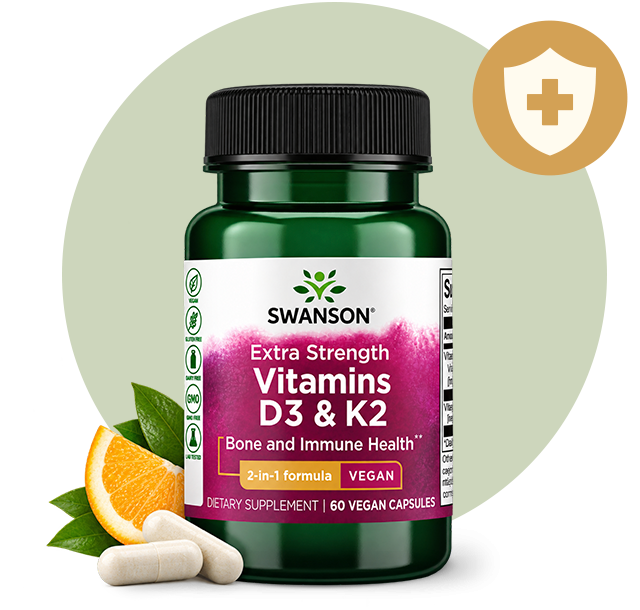 Swanson Vitamins D3 & K2 vitamin bottle with capsules and an orange slice to the side