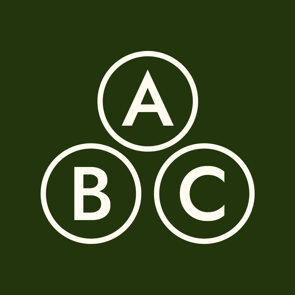 The letters A, B, and C in white circles on a dark green background, arranged in a triangle.