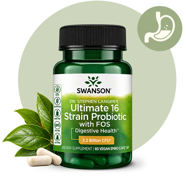 Swanson Ultimate 16 Strain Probiotic vitamin bottle with capsules and leaves to the side