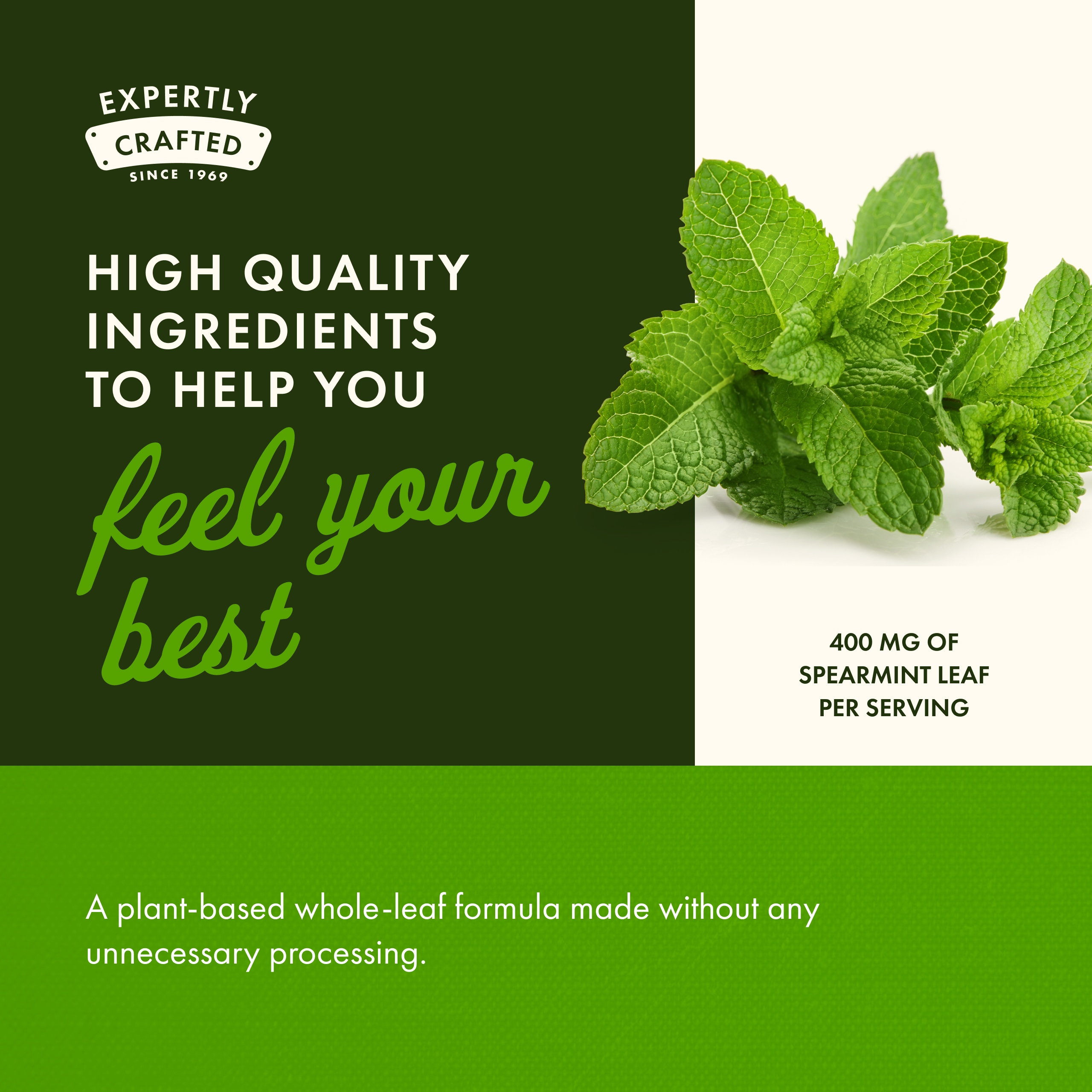 A promotional image for a spearmint supplement, showing fresh mint leaves next to text on a green background.