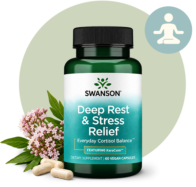 Swanson Deep Rest and Stress Relief vitamin bottle with capsules and flowers to the side