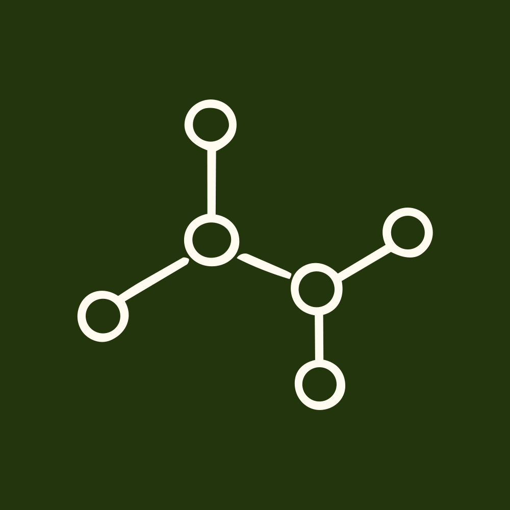 A white line drawing of a molecule on a dark green background.