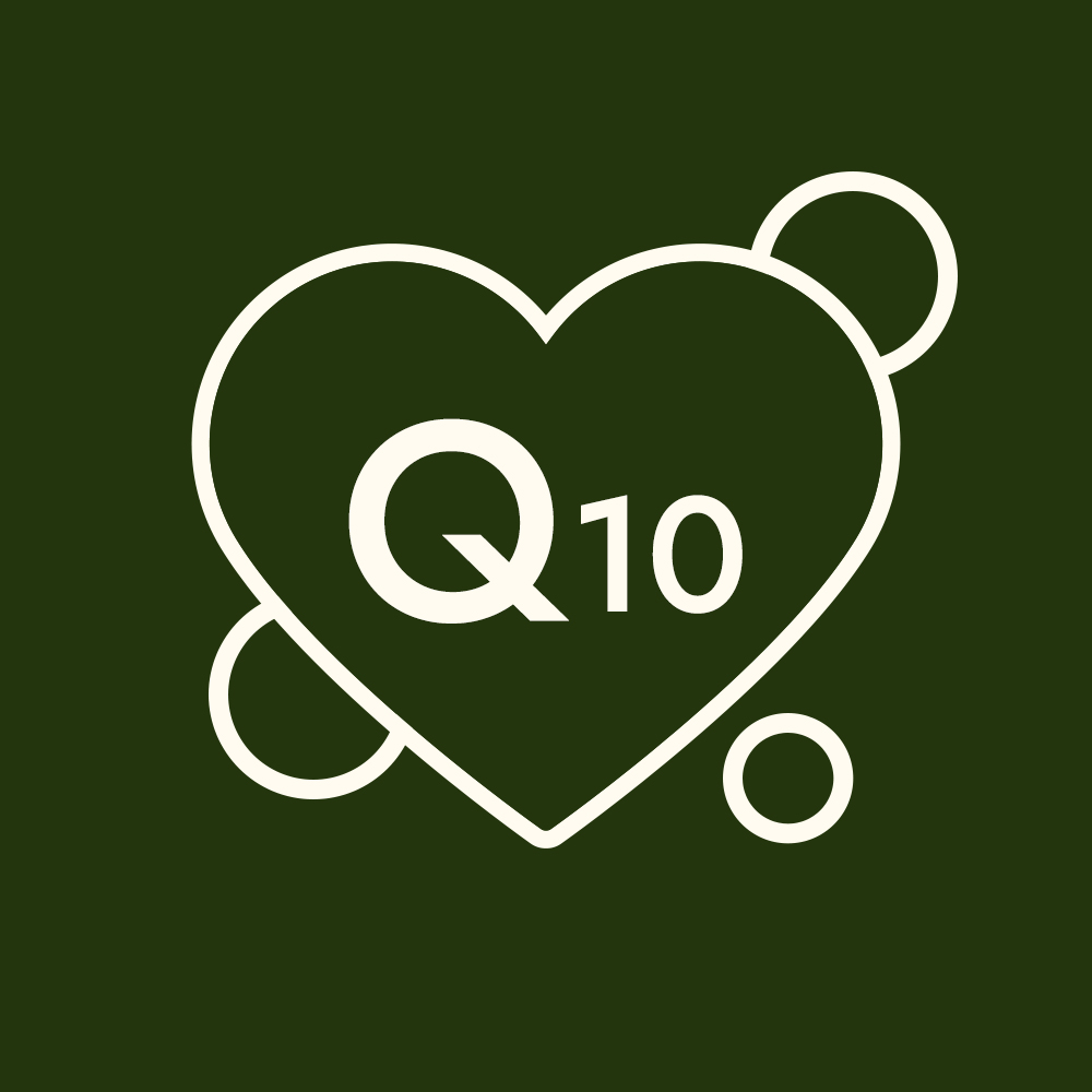 A white line art icon of a heart with the text Q10 inside, on a dark green background.