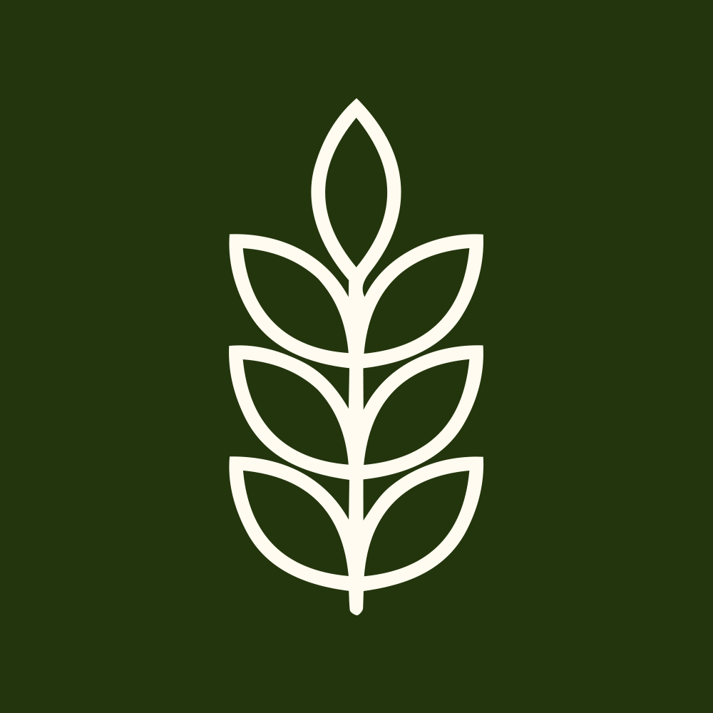 A stylized white outline of a plant stalk on a dark green background.