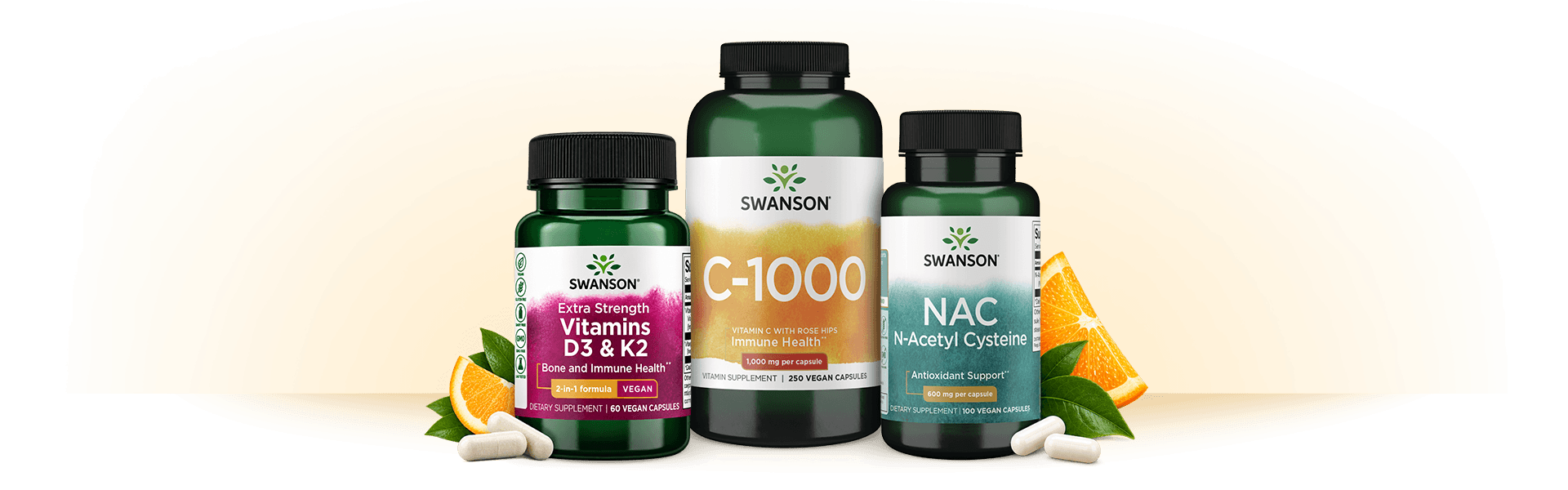 Three Swanson brand supplements for immune support: Vitamins D3 and K2, C-1000 and NAC.