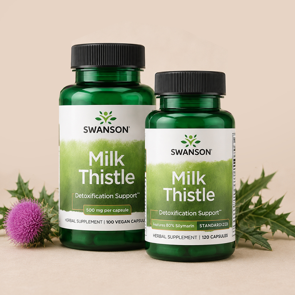 Two Swanson Milk Thistle supplement bottles displayed on a beige background with green thistle leaves and a purple thistle flower.