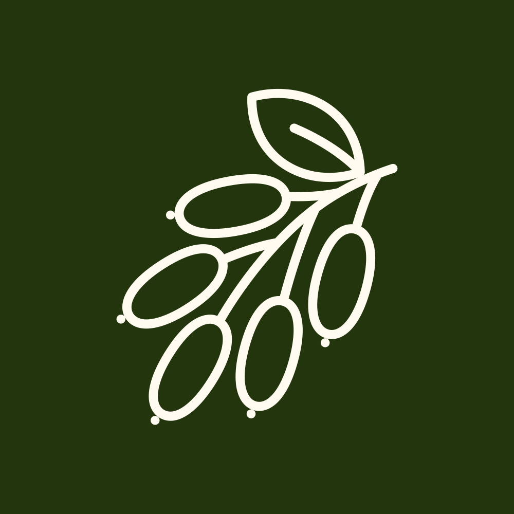 A simple white line drawing of an olive branch on a dark green background.