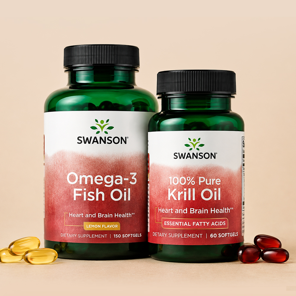 Two Swanson supplements, Omega-3 Fish Oil and 100% Pure Krill Oil, displayed on a beige background with yellow and red softgels.