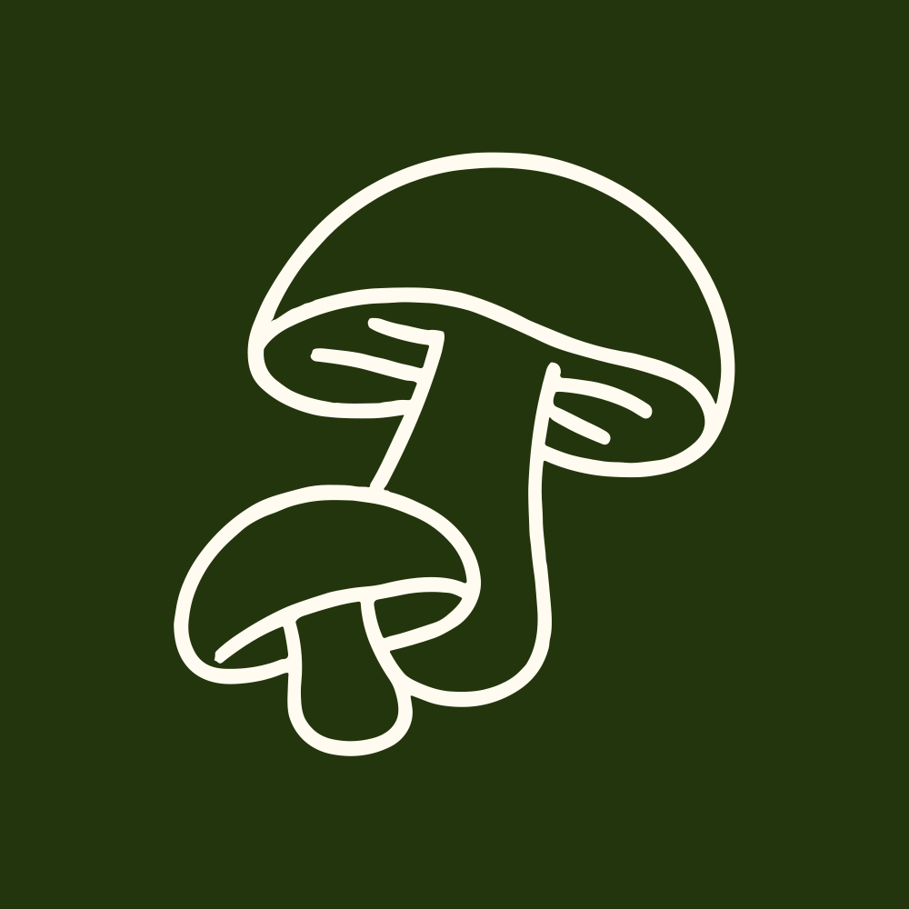 A simple white outline illustration of two mushrooms on a green background.