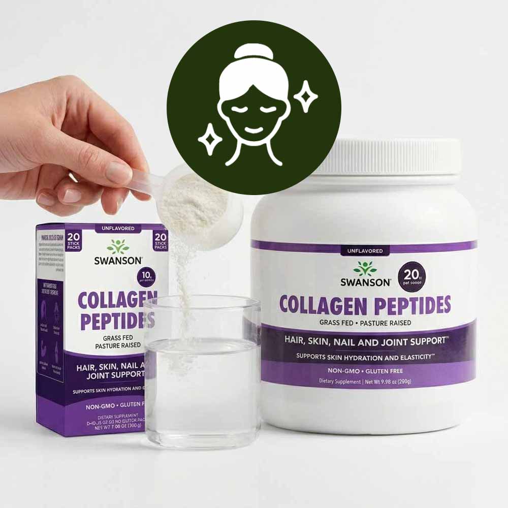 Swanson Collagen Peptides powder and stick packs shown with a scoop and glass of water. With an icon representing beauty support. 