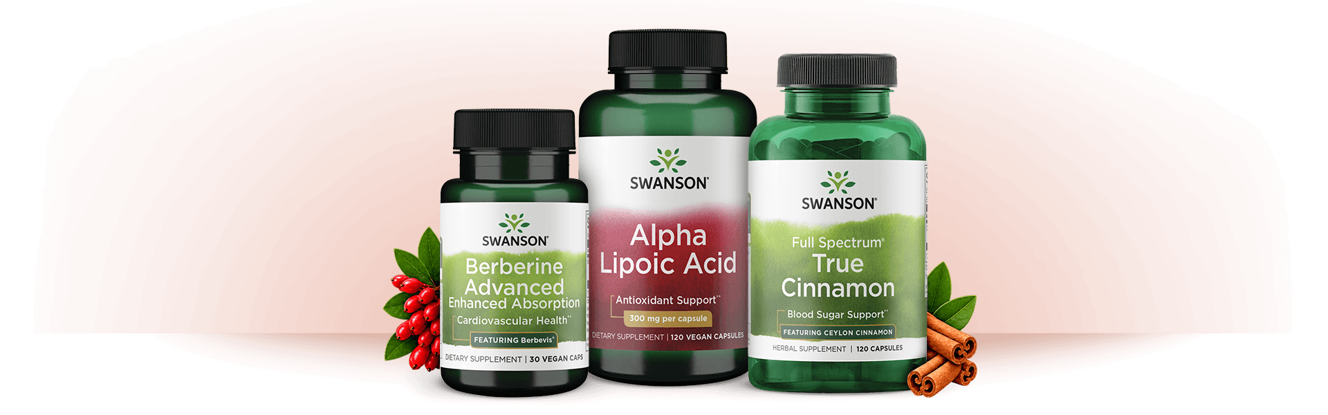 Three Swanson brand supplements for blood sugar support: Berberine Advanced, Alpha Lipoic Acid, Full Spectrum True Cinnamon