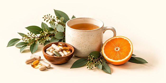Teacup with orange slice and a bowl of capsules surrounded by leaves