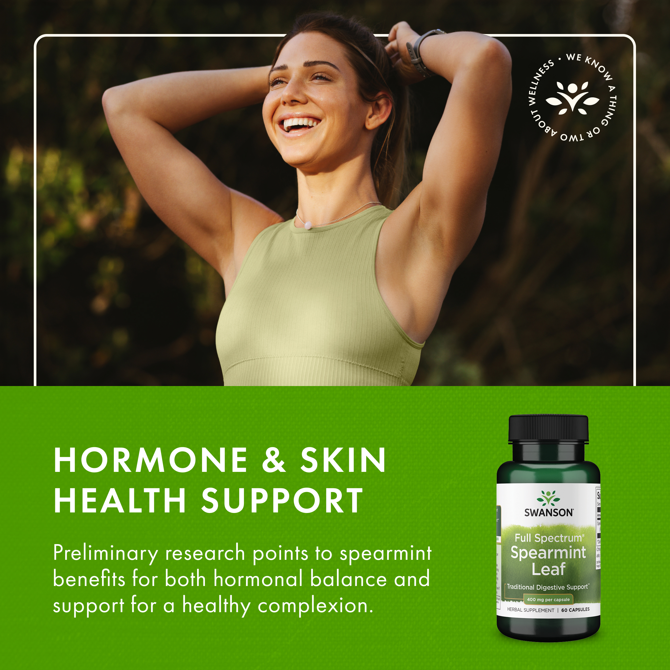 An ad for Swanson Spearmint Leaf showing a smiling woman and a bottle of the supplement.
