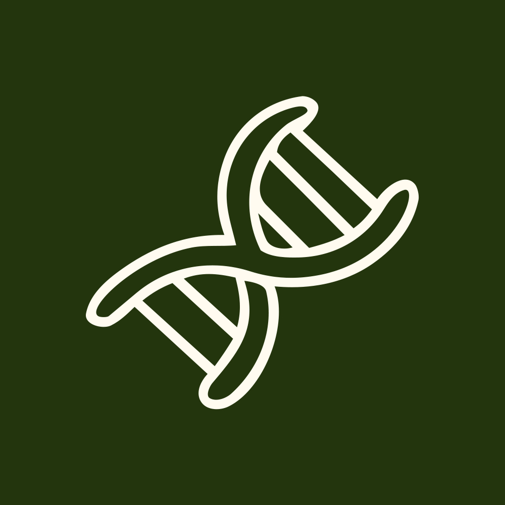 A white line icon of a DNA double helix on a dark green background.