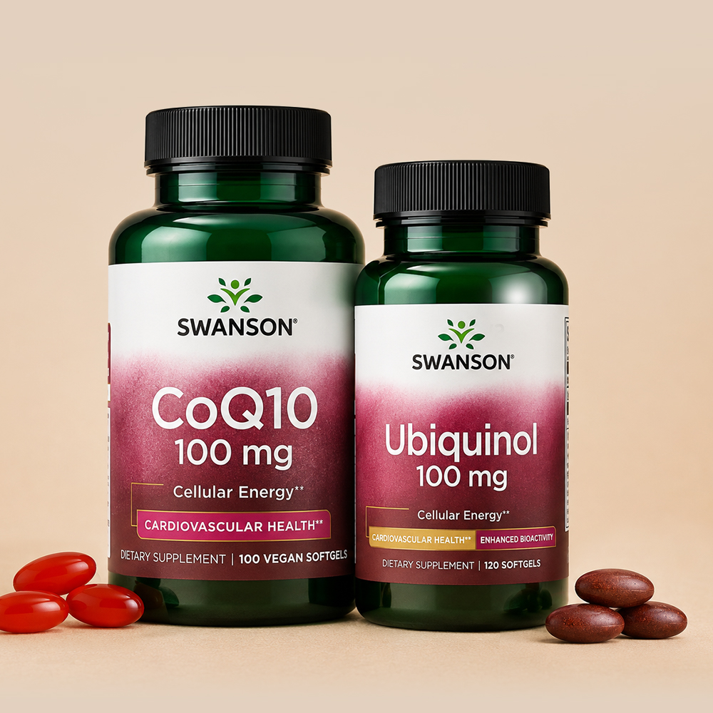 Two Swanson supplements, CoQ10 100 mg and Ubiquinol 100 mg, displayed on a beige background with red and brown softgels.
